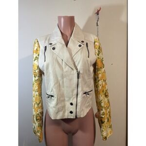 Mural Jacket Women's yellow Floral Sleeve Biker cream Jacket‎ Size Medium